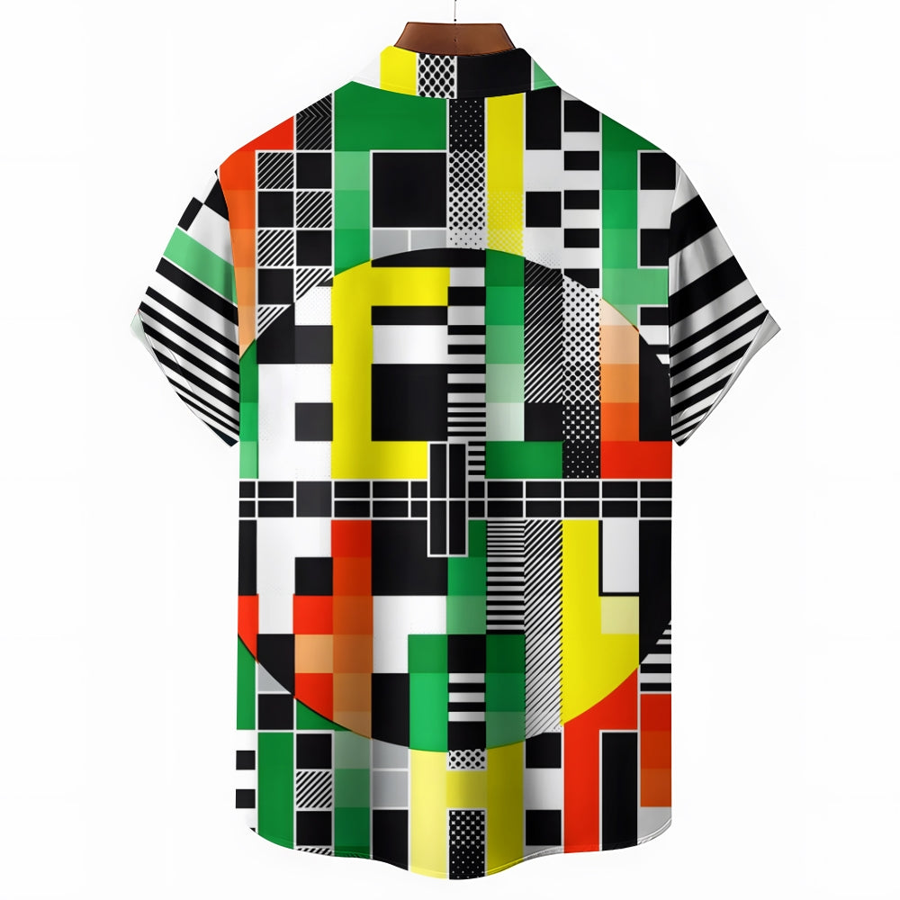 Geometric Mosaic Colorful Linen Short Sleeve Shirt 2409009638