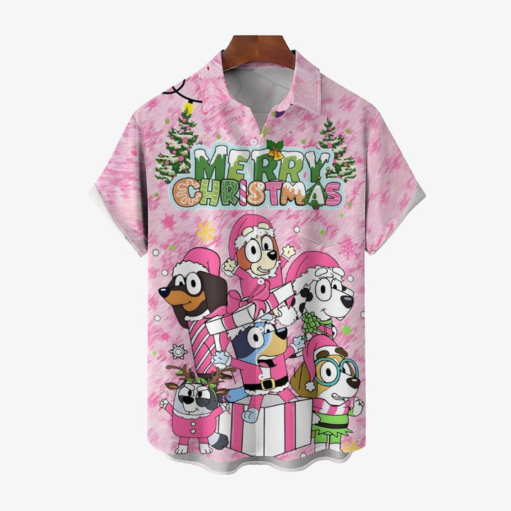 Merry Christmas Cartoon Dog Print Short Sleeve Shirt 2411011850