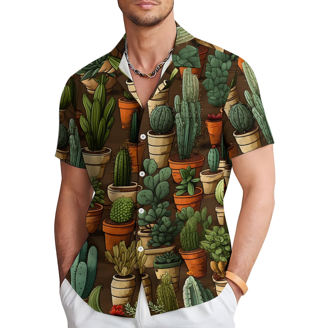 Men's Cactus Pot Print Casual Short Sleeve Shirt 2403000904