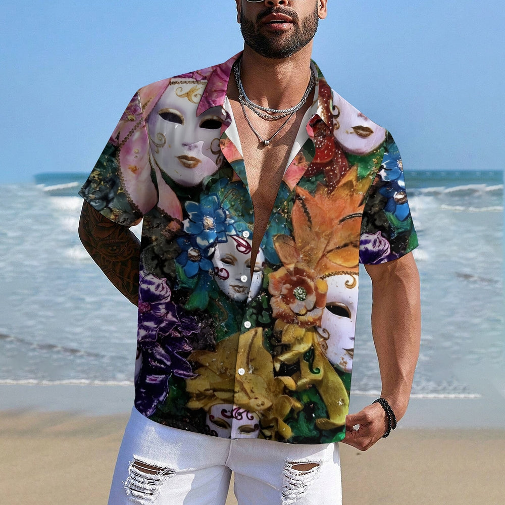 Mardi Gras Mask Print Casual Short Sleeve Shirt 2412007833