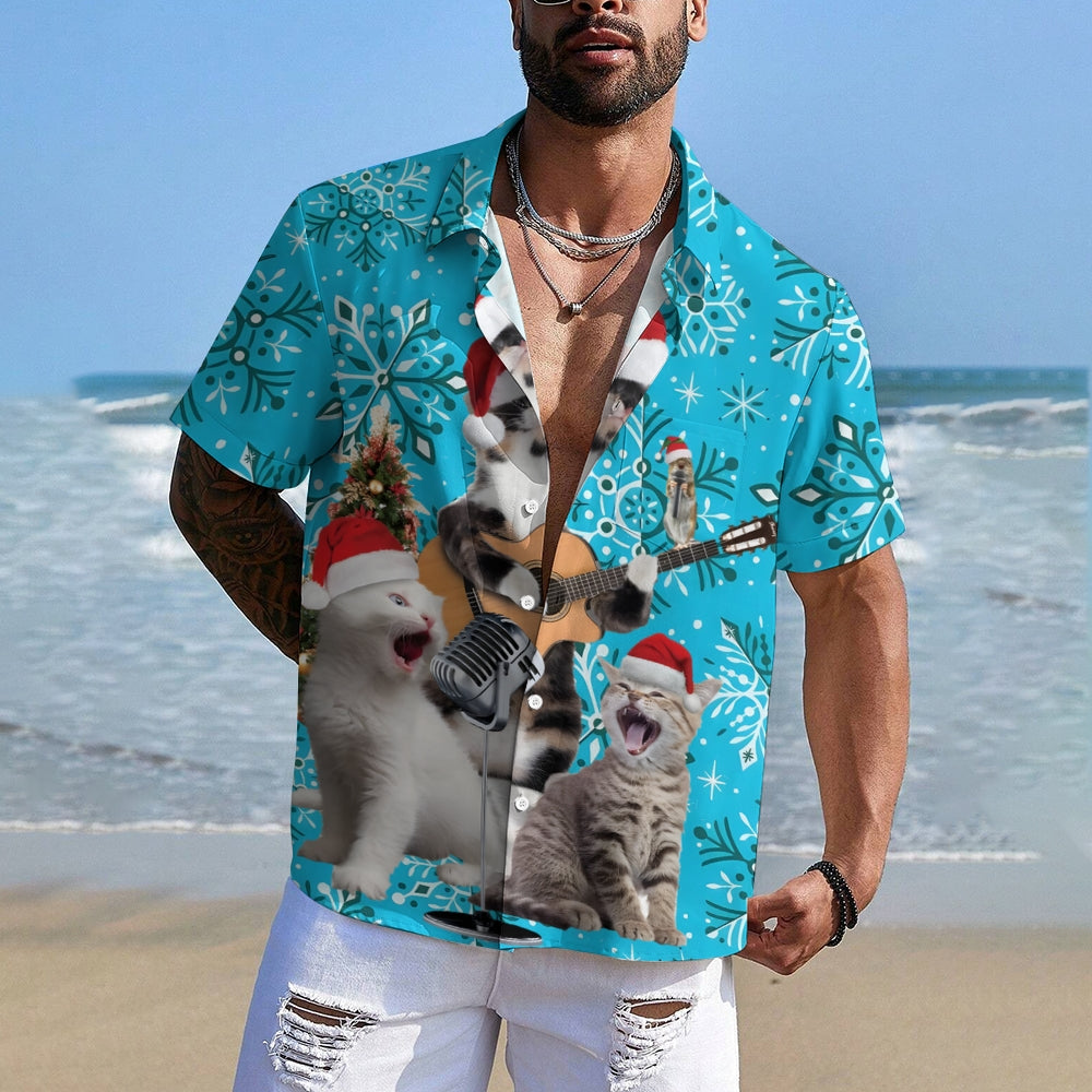 Cats Wearing Santa Hats And Singing Print Short Sleeve Shirt 2410003859