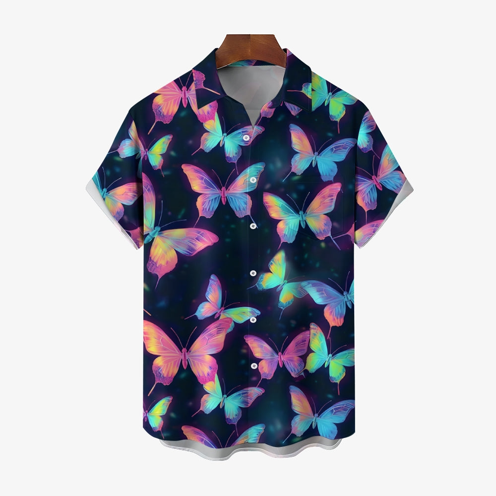 Glowing Colorful Butterfly Print Casual Short Sleeve Shirt 2408006970