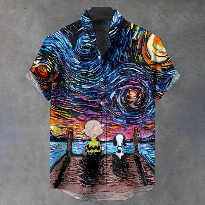 Starry Sky Cartoon Character Stand Collar Printed Short Sleeve Shirt