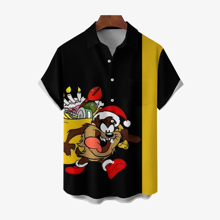 Cartoon Character Christmas Gift Print Chest Pocket Short Sleeve Shirt 2410007970