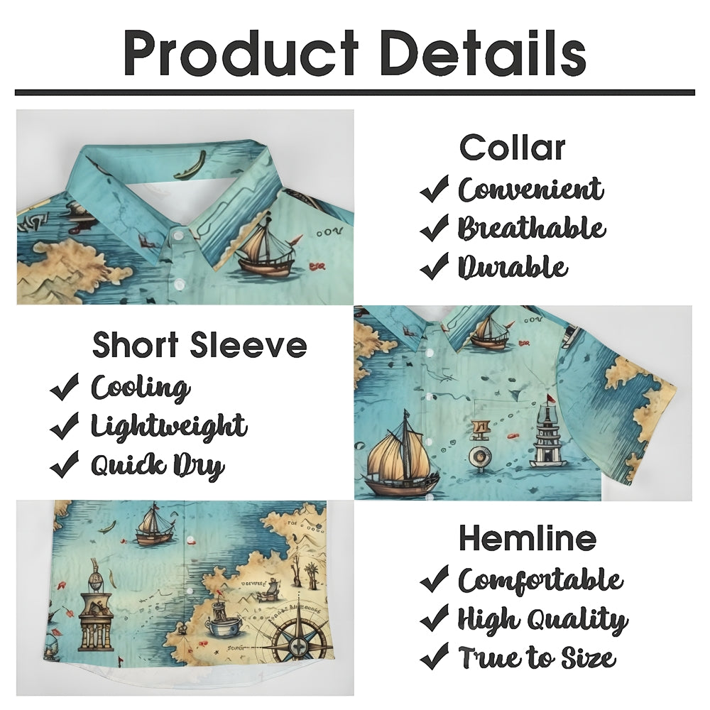 Nautical Sailboat Print Chest Pocket Short Sleeve Shirt 2411006006