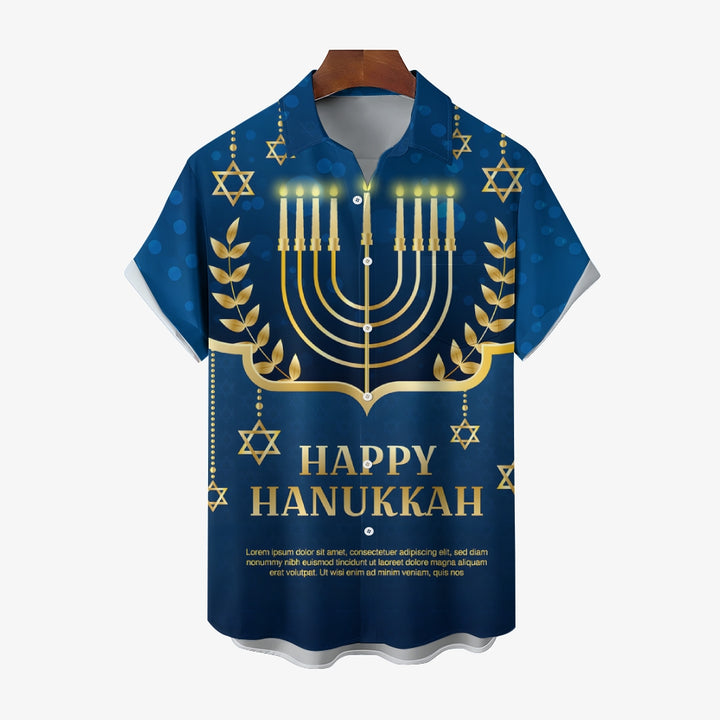 Happy Hanukkah Candle Print Short Sleeve Shirt 2411011956