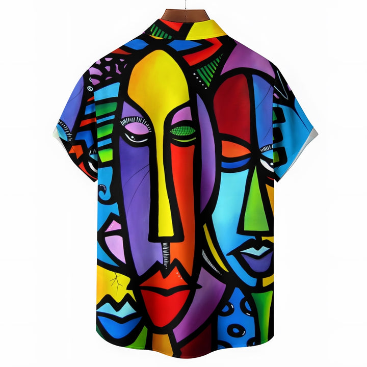 Geometric Abstract Face Casual Short-Sleeved Shirt 2409006098