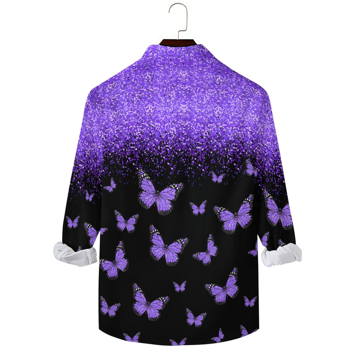 Men's Purple Glitter Butterfly Printed Long Sleeve Shirt 2412005344