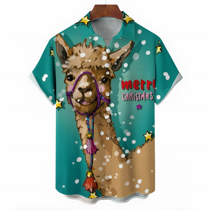 Men's Merry Christmas Alpaca Print Short Sleeve Shirt 2410006266