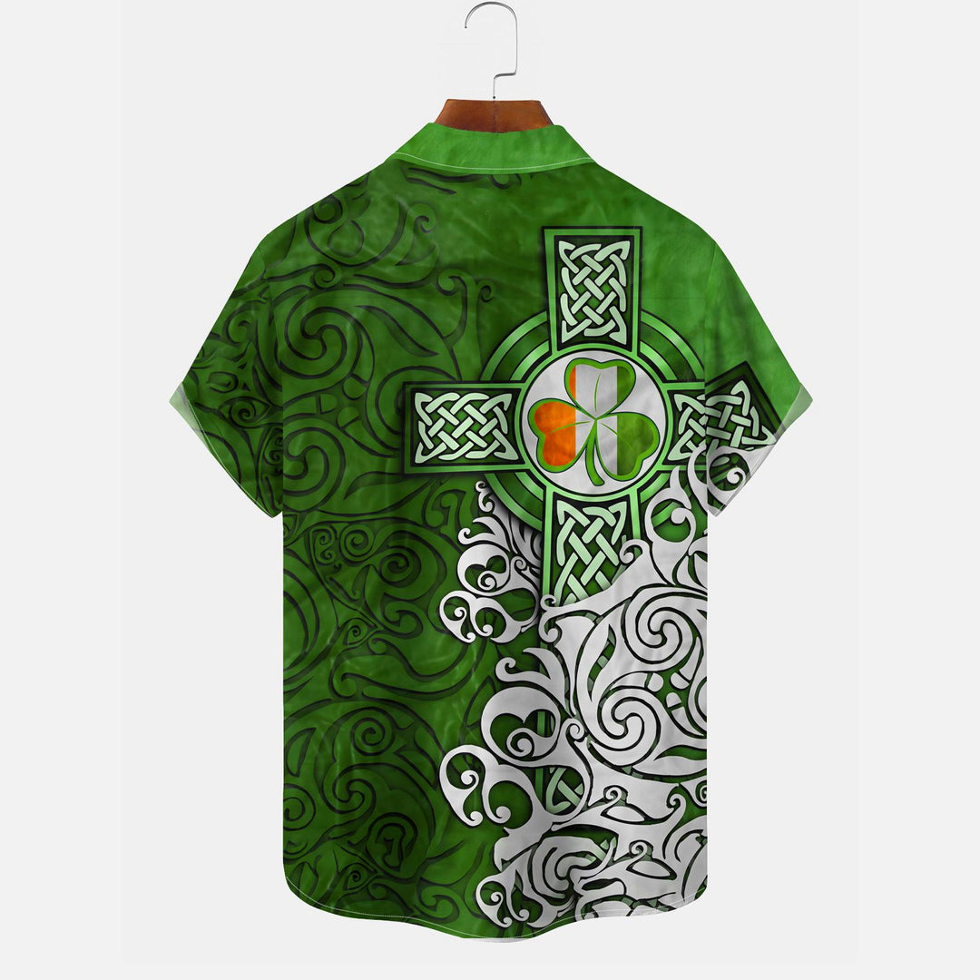 St. Patrick's Day Irish Cross Shamrock Green Lucky Print Men's Chest Pocket Shirt