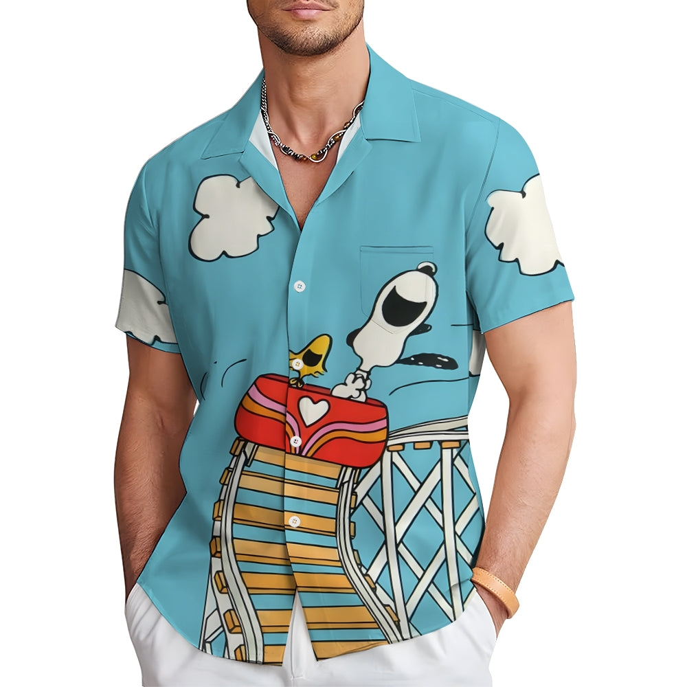 Cartoon Puppy Roller Coaster Hawaiian Casual Short Sleeve Shirt 2408007568