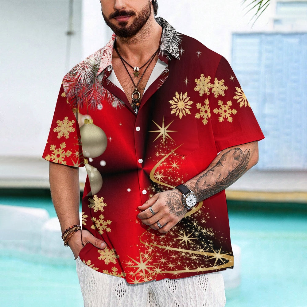 Christmas Tree Decorations Print Casual Short Sleeve Shirt 2412003168