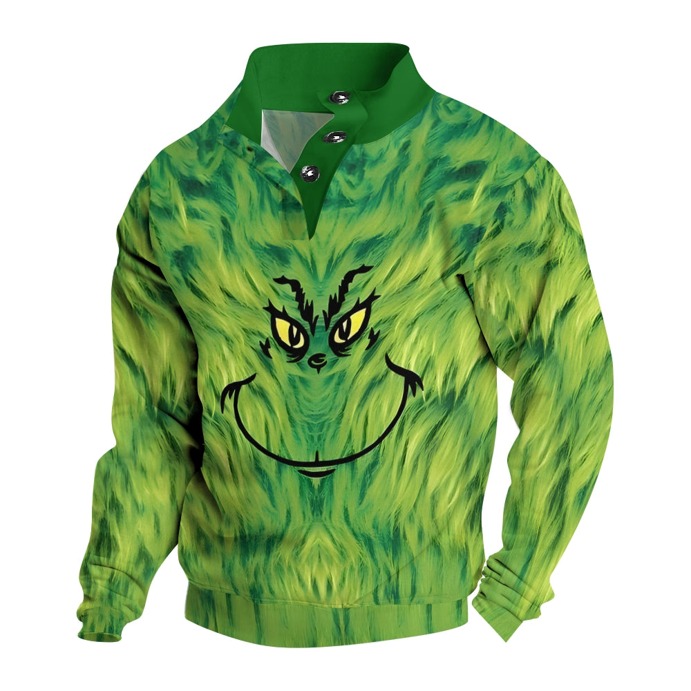 Men's Button Christmas Green Monster Print Casual Long Sleeve Sweatshirt 2410004496