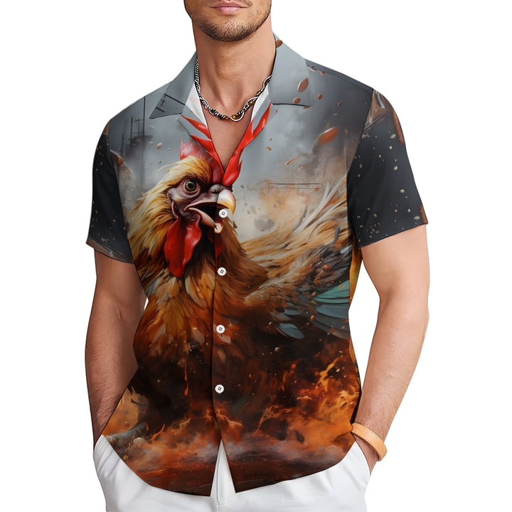 Rooster Print Casual Short Sleeve Shirt 2405001041