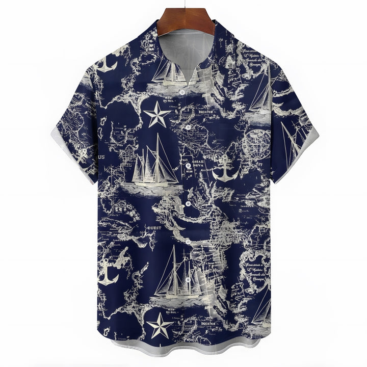 Sailing Sailboat Printed Casual Oversized Short Sleeve Shirt 2407000606
