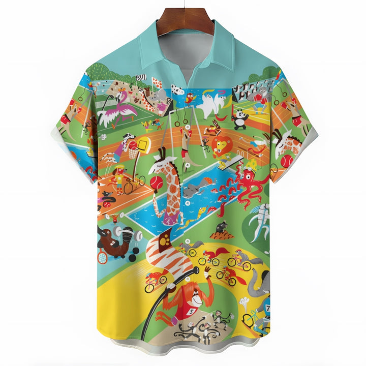 Cartoon Animal Olympics Casual Short Sleeve Shirt 2404000489