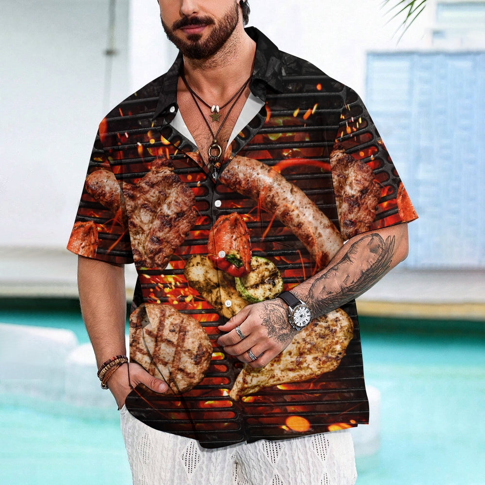 BBQ Food Print Casual Large Size Short Sleeve Shirt 2408002710