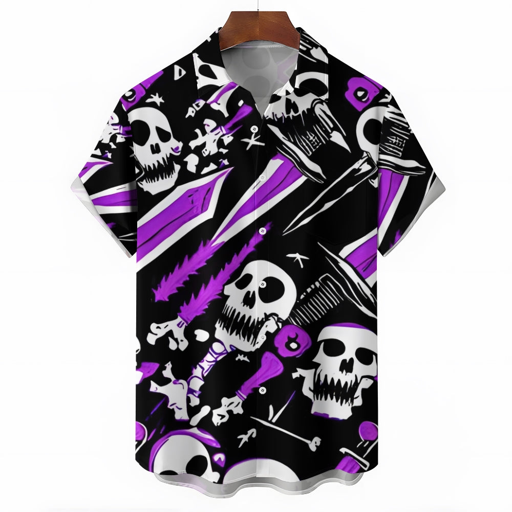 Skull and Sword Print Chest Pocket Short Sleeve Shirt 2411006380