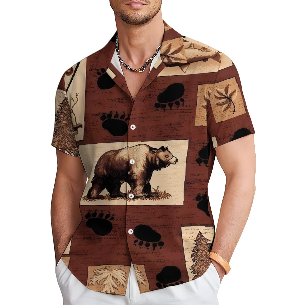 Brown Bear Paw Print Chest Pocket Short Sleeve Shirt 2411001997