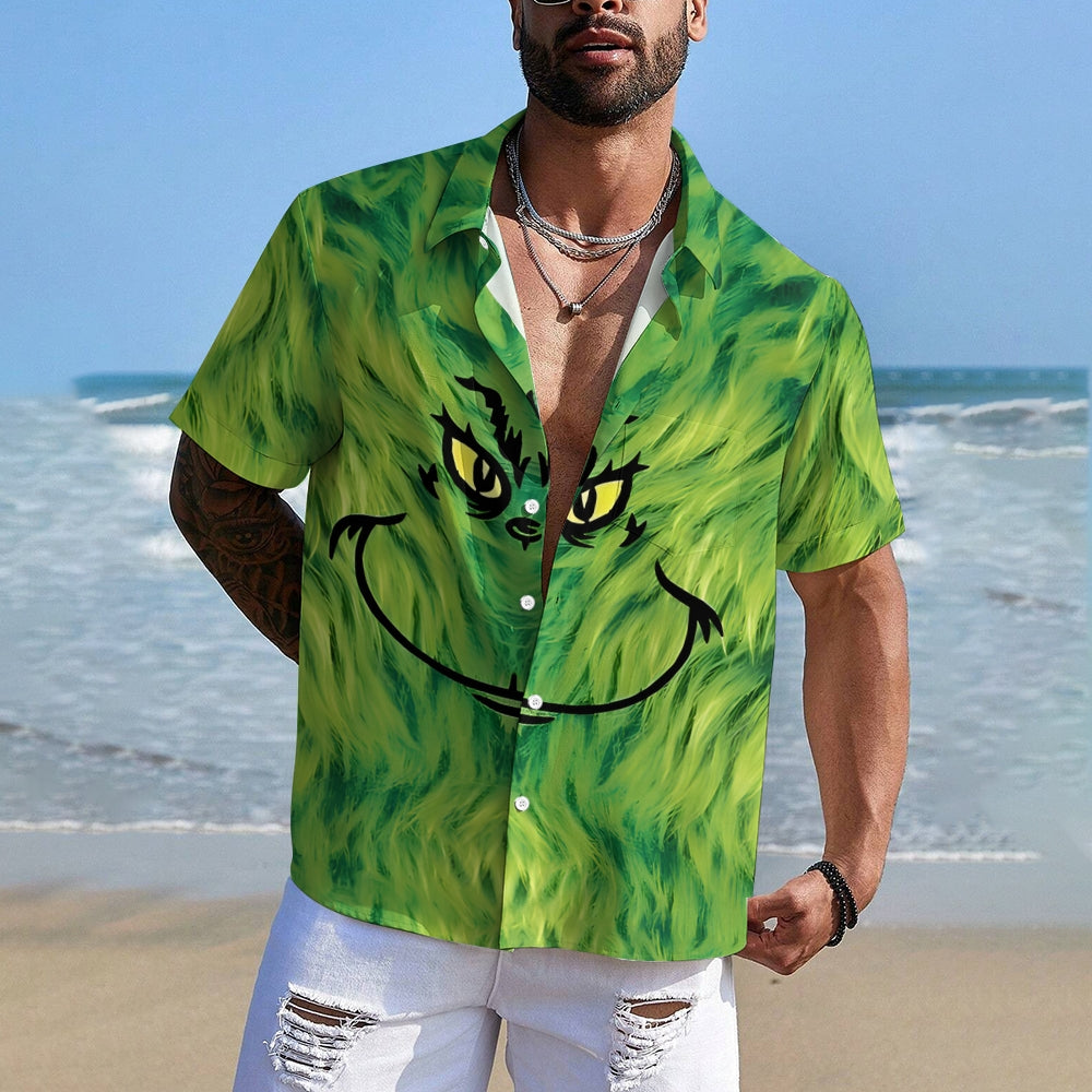 Christmas Green Monster Print Short Sleeve Shirt 2410004404