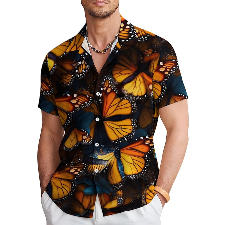 Vintage Butterfly Print Chest Pocket Short Sleeve Shirt 2411005934