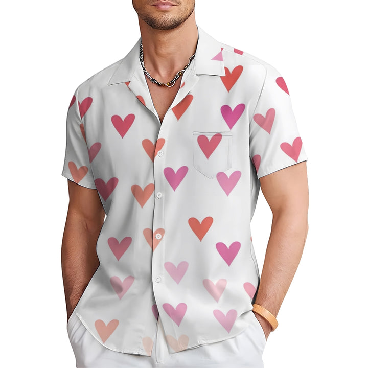 Valentine's Day Pink Heart Print Short Sleeve Shirt 2412008021