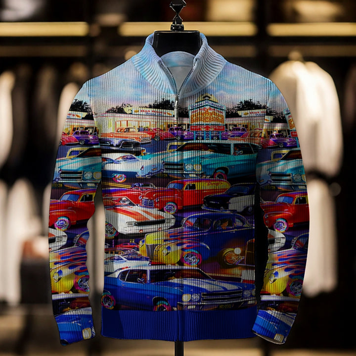 Men's Printed Stylish Zippered Car Pattern Jacket