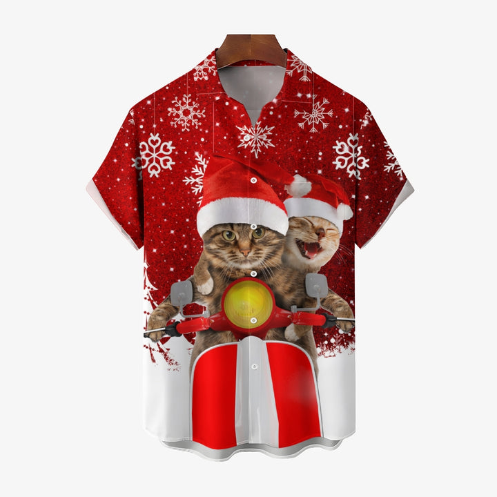 Cat Riding Motorcycle Christmas Short Sleeve Shirt 2410003802