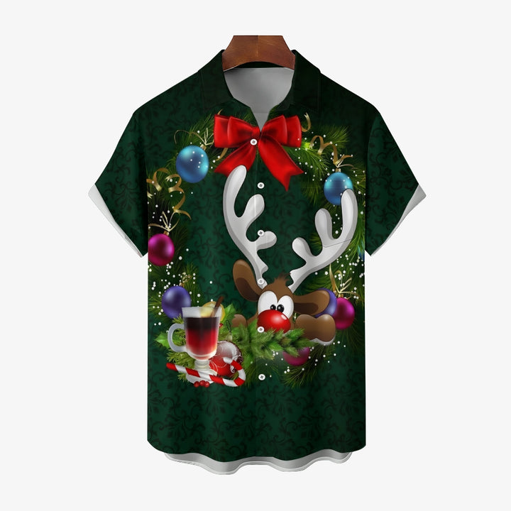 Men's Christmas Decoration Elk Print Short Sleeve Shirt 2409011409