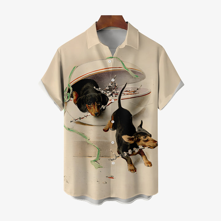 Dachshund Holiday Print Casual Short Sleeve Shirt 2410003716