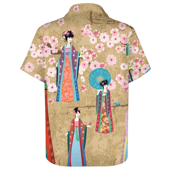 Retro Chinese Style Girl Print Casual Short Sleeve Shirt 2404000877