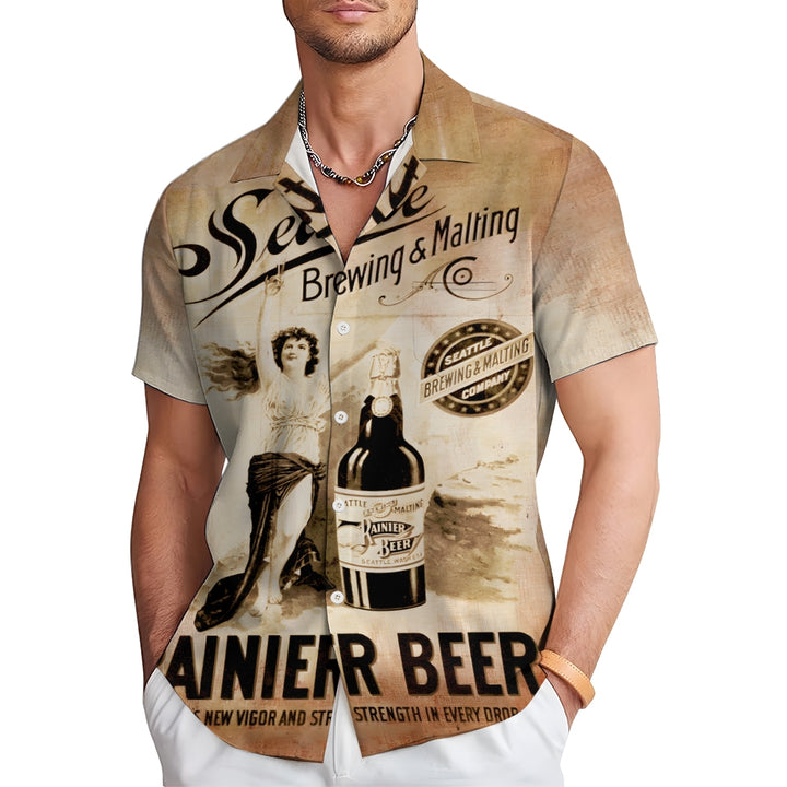 Beer Poster Print Casual Short Sleeve Shirt 2408008426