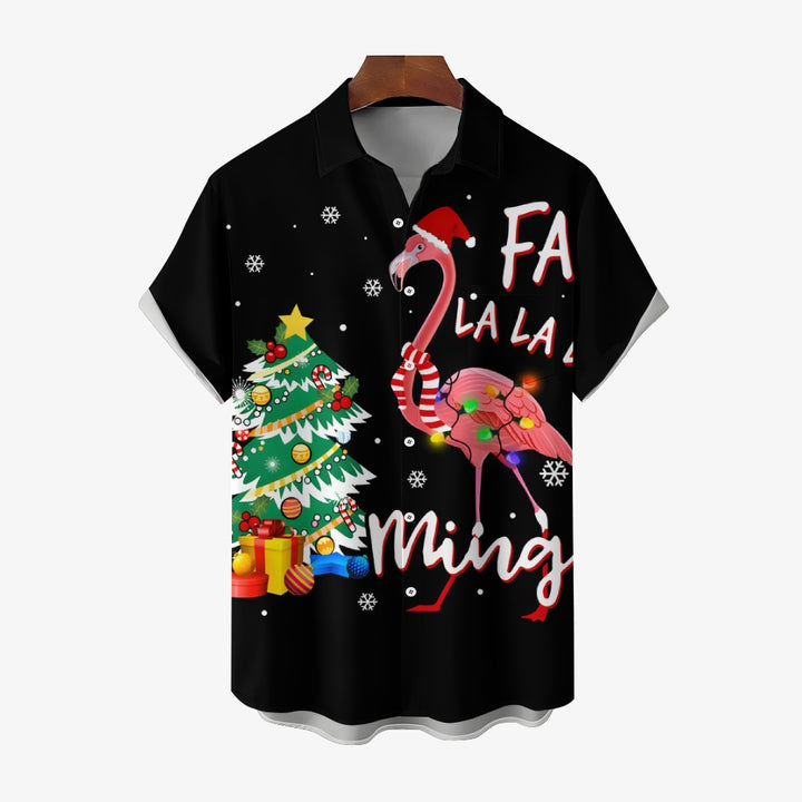 Christmas Tree And Flamingo Print Casual Short Sleeve Shirt 2411008547