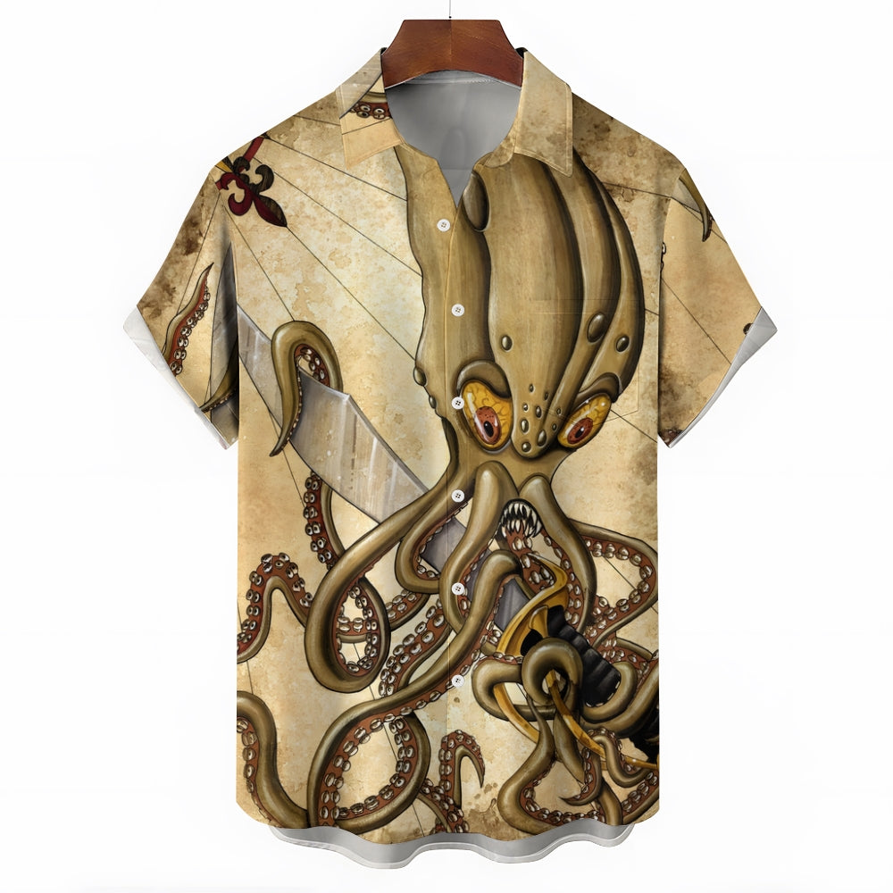 Sea Monster and Knife Print Casual Short Sleeve Shirt 2412005911