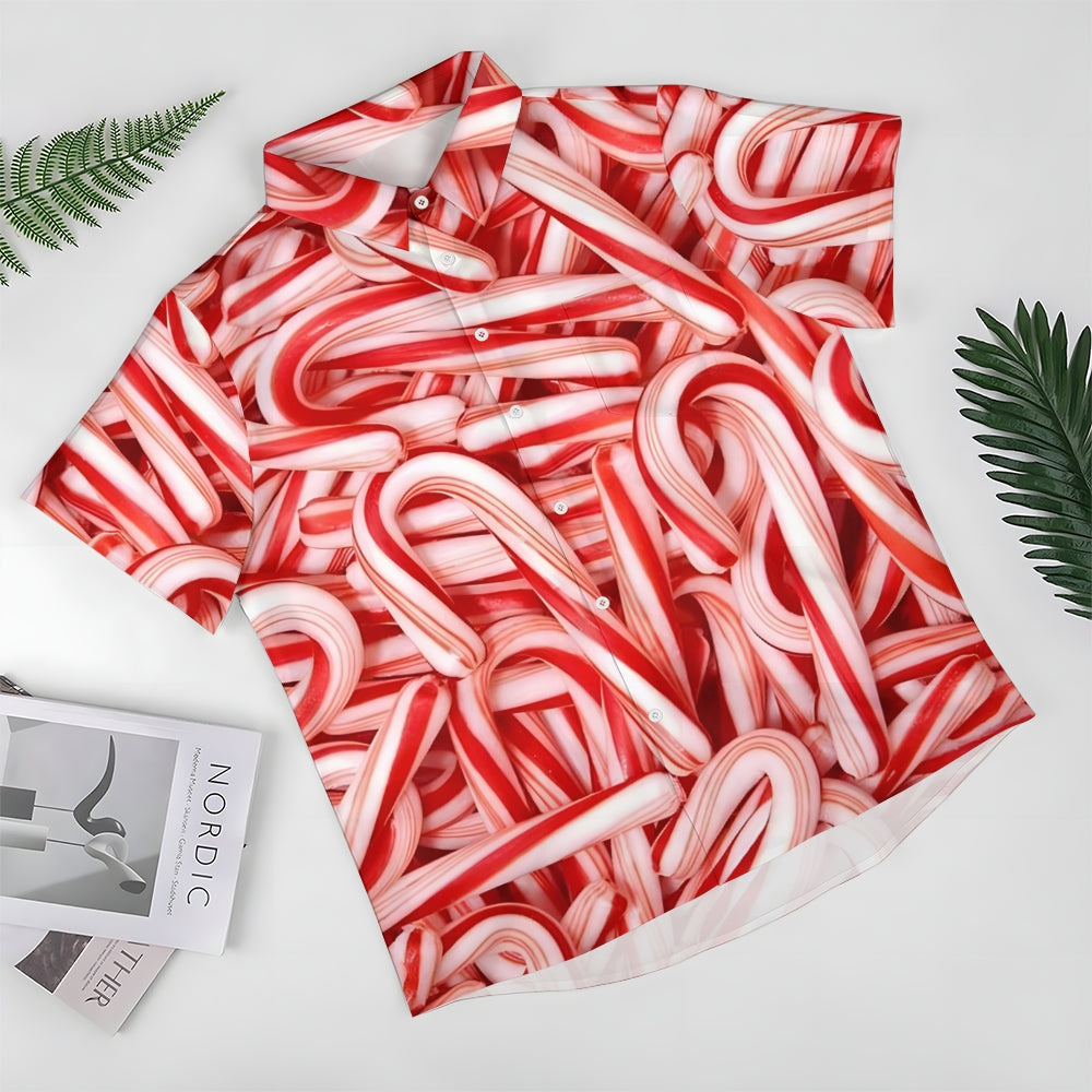 Christmas Candy Cane Casual Short Sleeve Shirt 2409006136