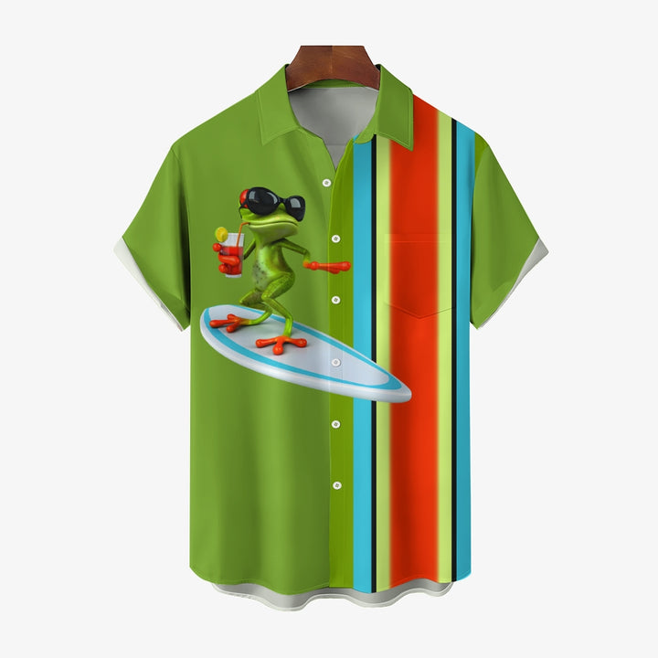 Cartoon Surf Frog Print Casual Short Sleeve Shirt 2405001042