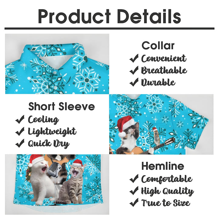 Cats Wearing Santa Hats And Singing Print Short Sleeve Shirt 2410003859