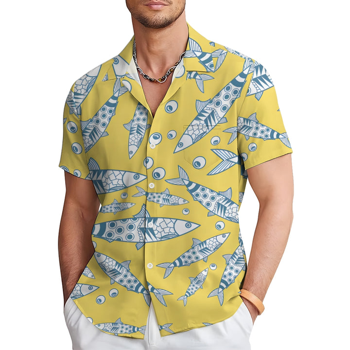 Fish Line Print Casual Short Sleeve Shirt 2410001963