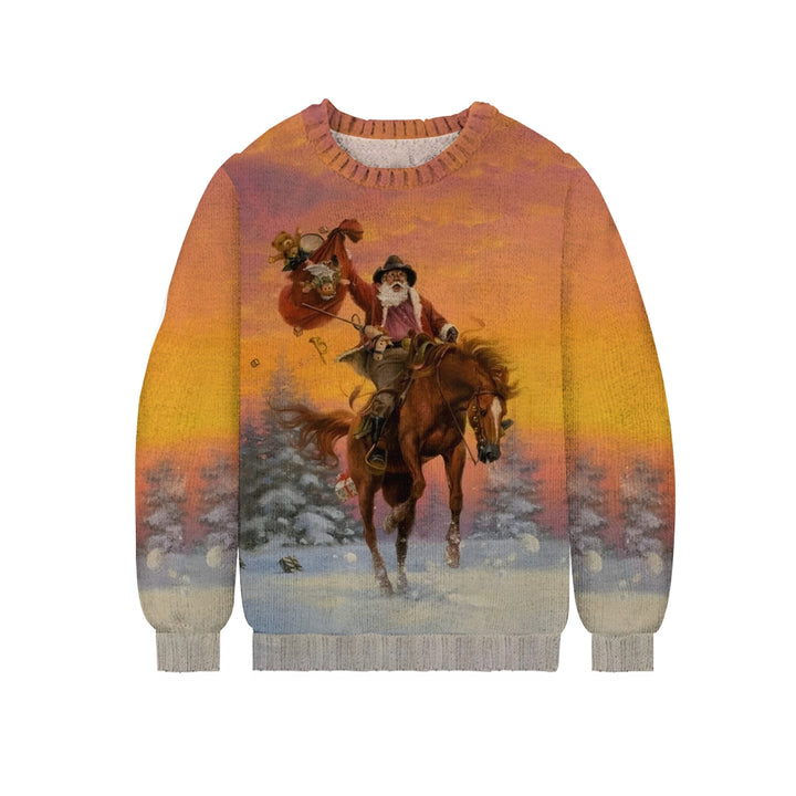 Santa Claus Riding Christmas Print Casual Knitted Crewneck Sweater 2411010427