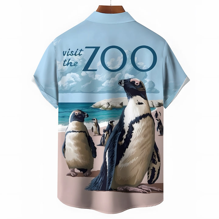 Retro Poster Zoo Penguin Print Chest Pocket Short Sleeve Shirt 2411005997