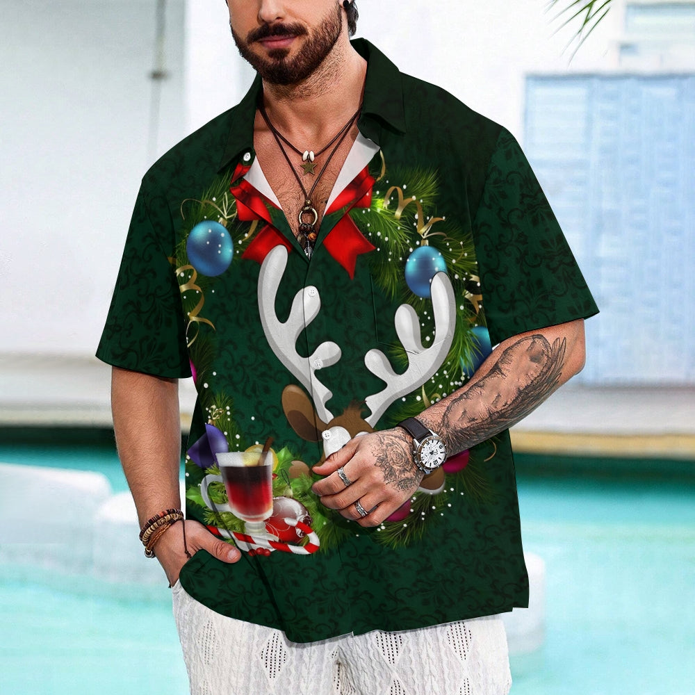 Men's Christmas Decoration Elk Print Short Sleeve Shirt 2409011409