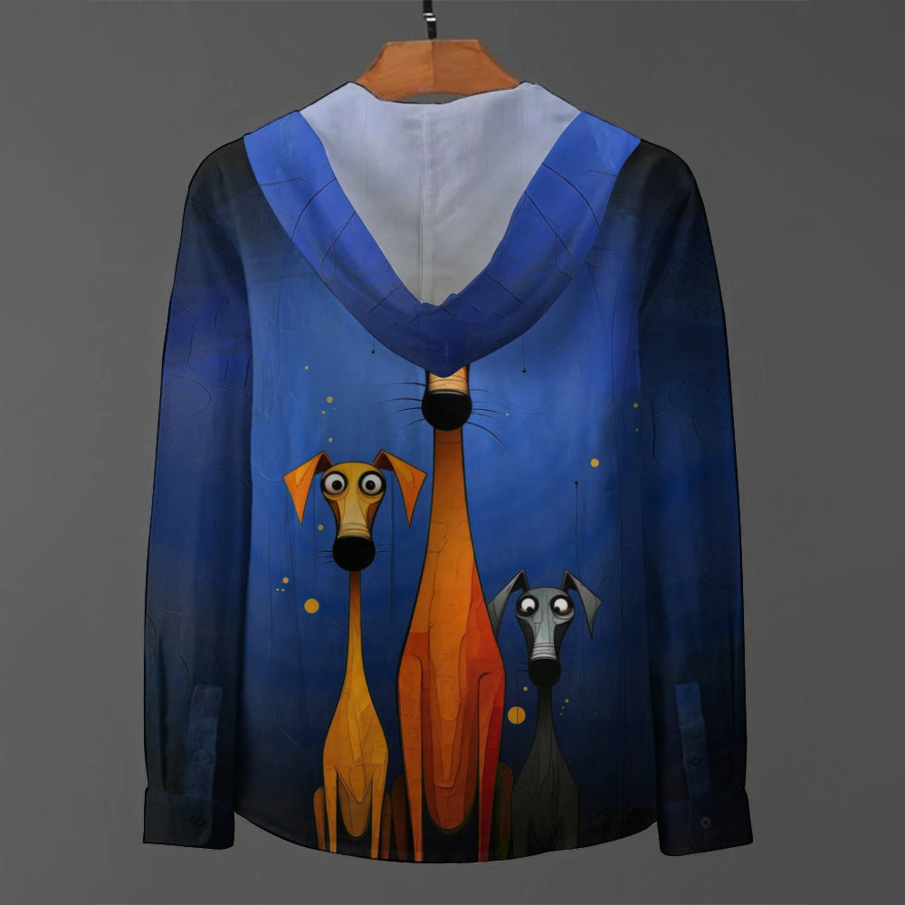 Three Dogs Print Hooded Half-Sleeved Shirt 2408002150