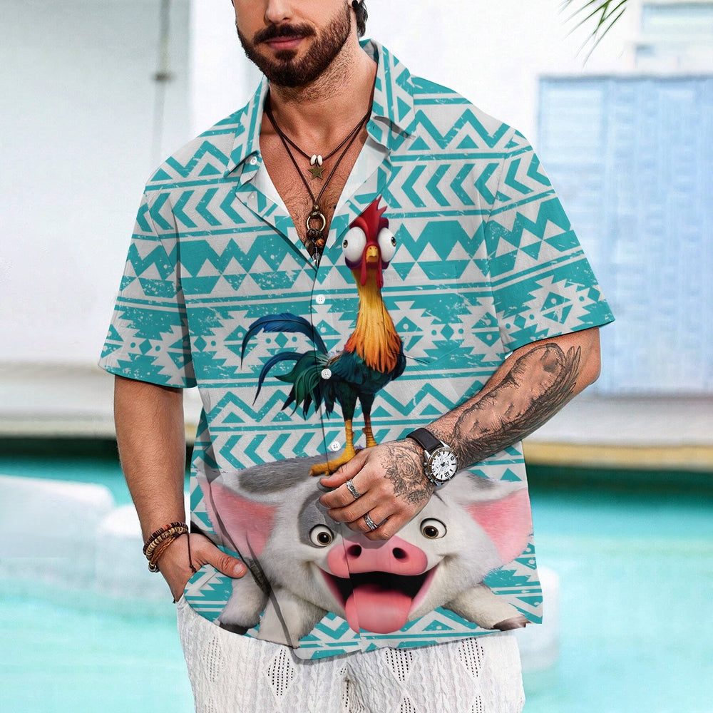 Men's Cartoon Rooster Riding A Pig Print Short Sleeve Shirt 2410002351