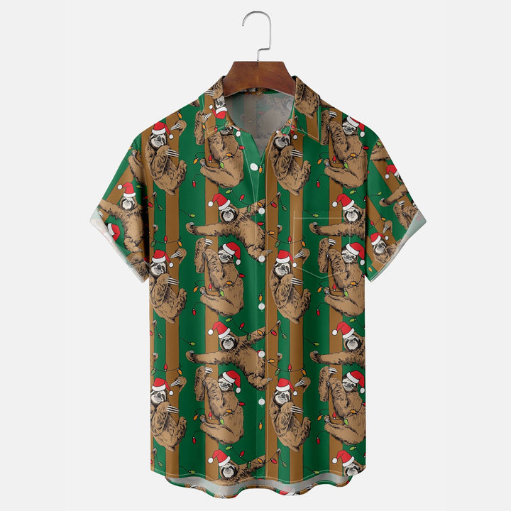 Christmas Sloth Chest Pocket Hawaiian Shirt