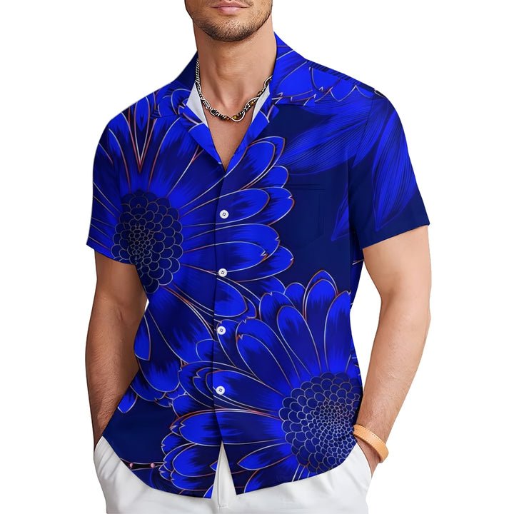 Men's Blue Daisy Print Casual Flower Short Sleeve Shirt 2412005891