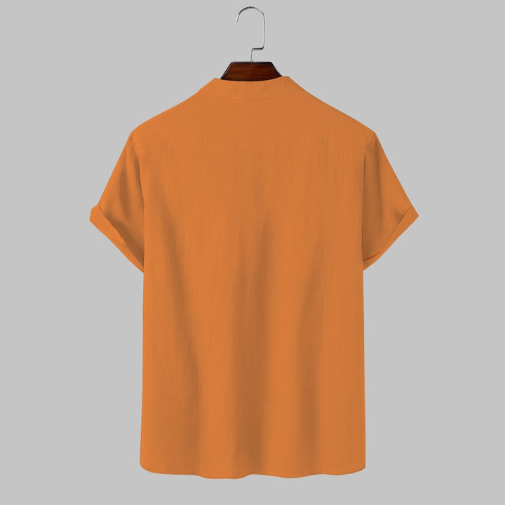 Cartoon Character Cotton And Linen Stand-Up Collar Half-Lapel Short-Sleeved Shirt 2405001035