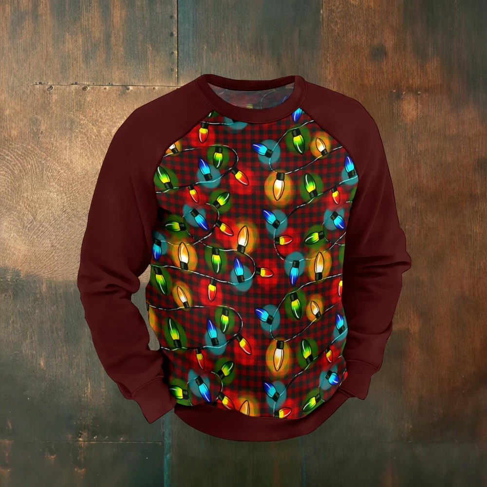 Men's Raglan Holiday Lights Print Long Sleeve Sweatshirt 2411002399