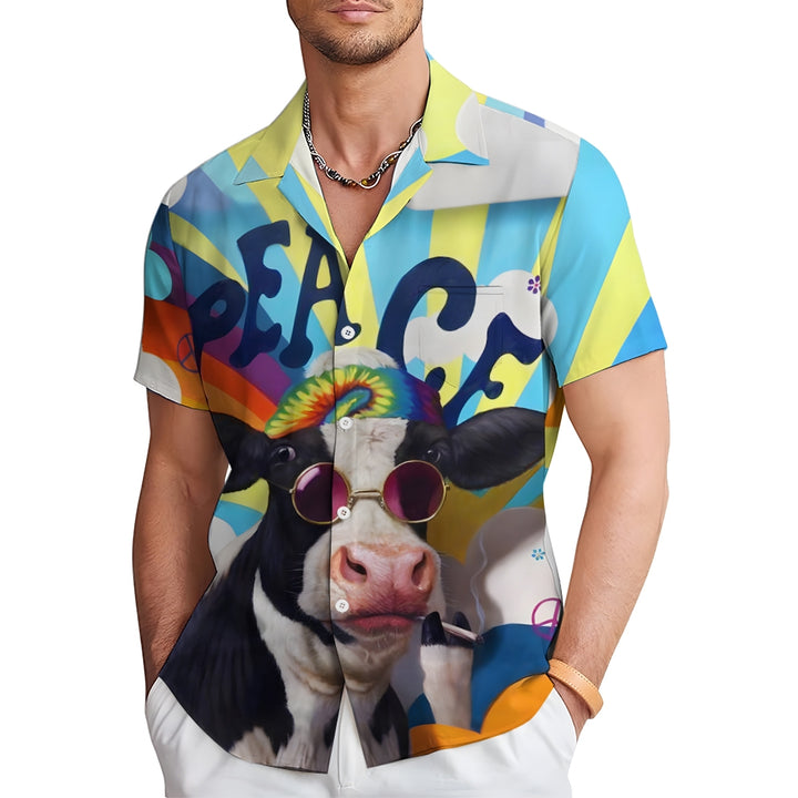 Peaceful Cow Art Print Casual Short Sleeve Shirt 2412009551