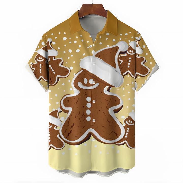 Christmas Snowflake Gingerbread Man Casual Short Sleeve Shirt 2409009539