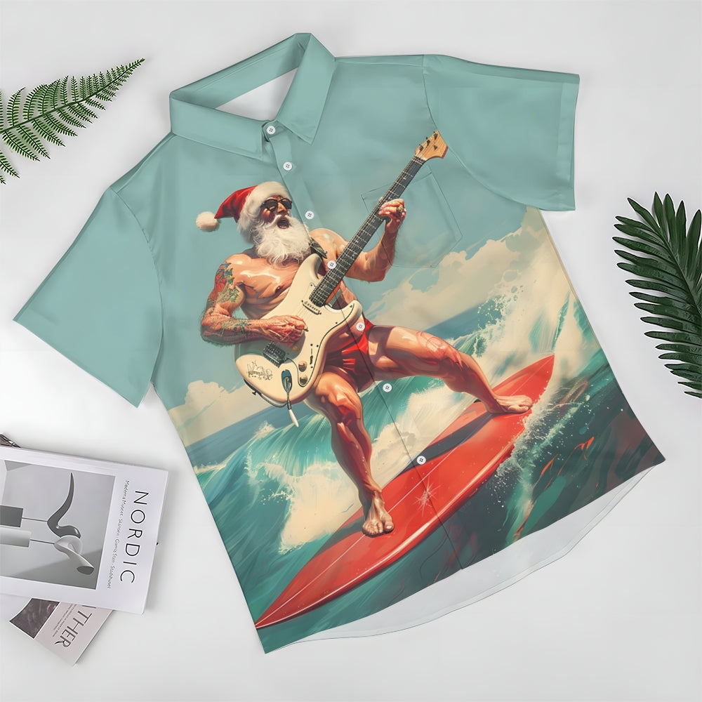 Funny Surfing Christmas Santa Claus Print Short Sleeve Shirt 2411005334